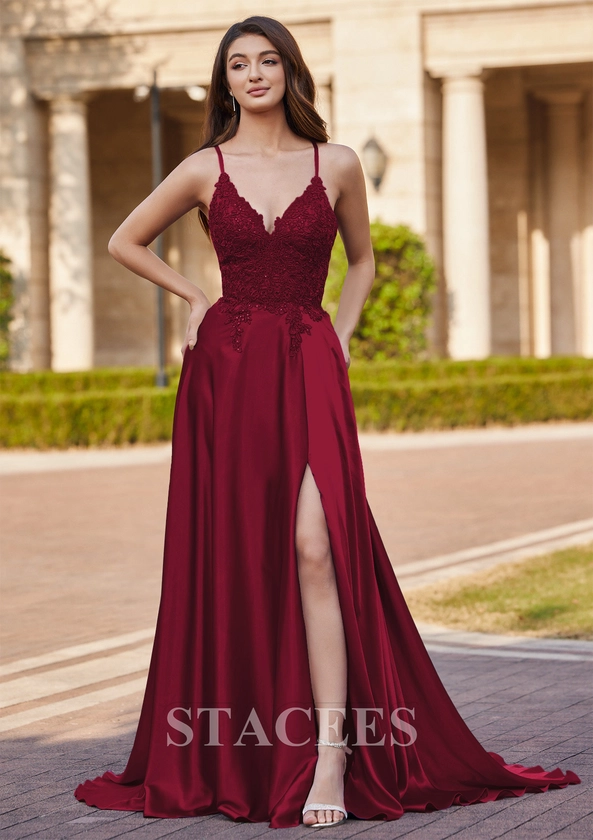 A-line Charmeuse Prom Dress V Neck Sweep Train with Appliqued Pockets Sequins S7631P - Prom Dresses - Stacees.co.uk