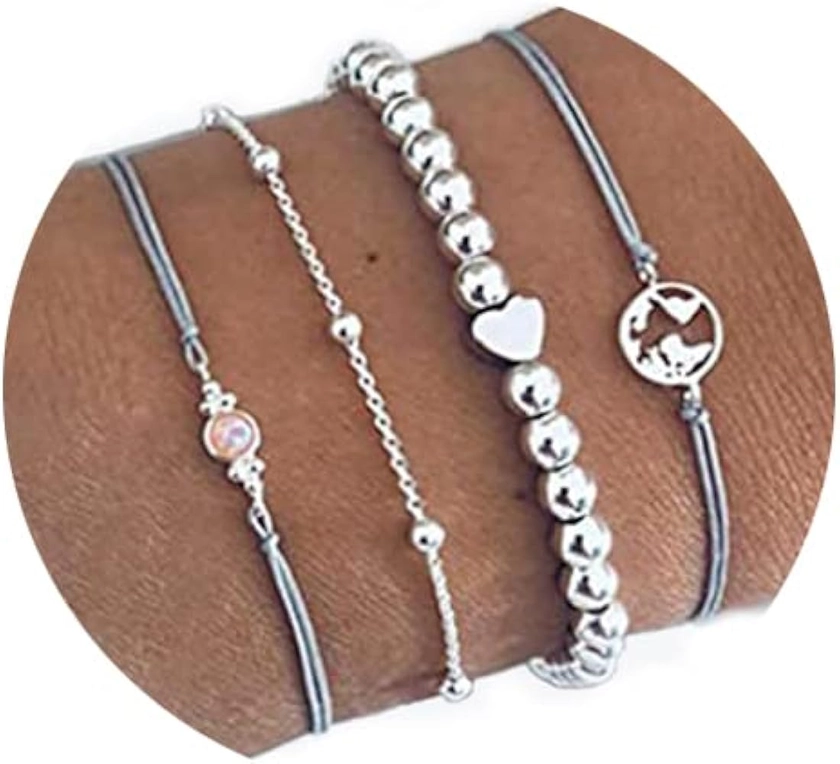 Branets Boho Layered Bead Bracelets Set Silver Map Bracelet Opal Hand Chain Jewelry Accessories for Women and Girls(4 Pcs)