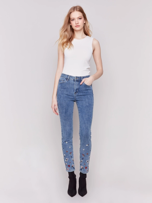 Women's Beaded and Embroidered Slim Fit Jeans | Medium Blue | Charlie B CA