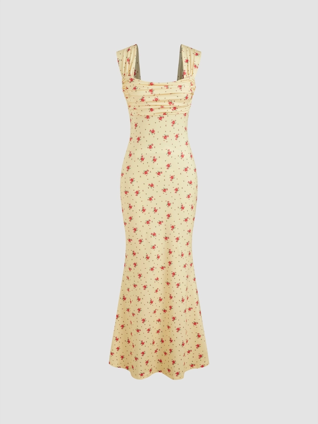 Jersey Square Neck Floral Ruched Maxi Dress For Vacation