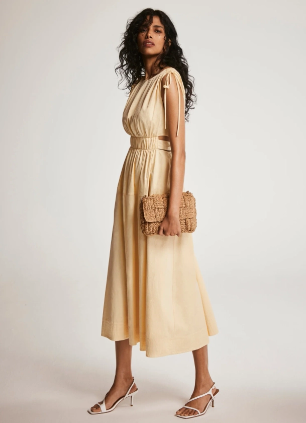 Yellow Ruched Waist Detail Midi Dress