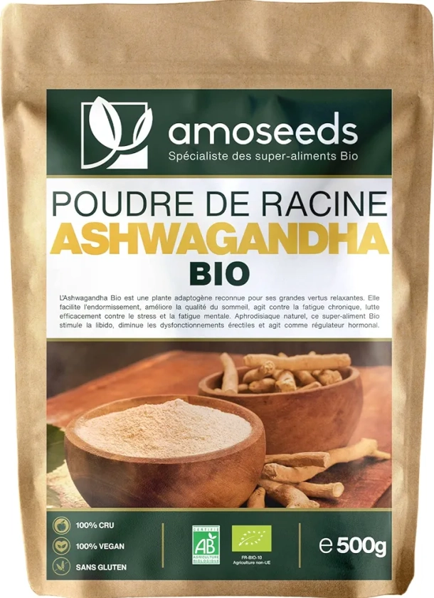 Ashwagandha en Poudre Bio 500G | Ginseng Indien | Stress, Sommeil, Adaptogène | Poudre de Racine 100% Pure d'Ashwagandha (Withania Somnifera) Biologique (Ginseng indien), Qualité Supérieure