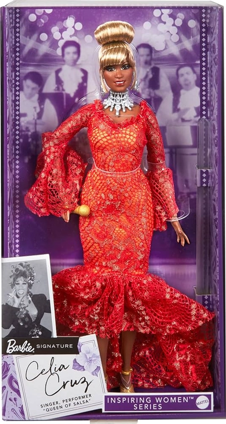 Amazon.com: Barbie Inspiring Women Doll, Celia Cruz Queen of Salsa in Red Lace Dress with Golden Microphone, Collectible with Doll Stand & Certificate of Authenticity : Toys & Games