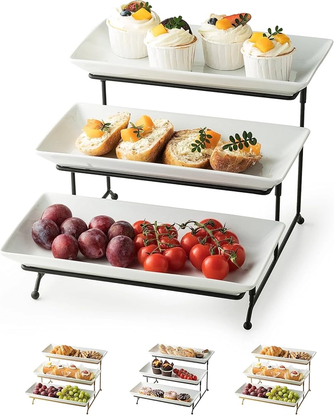 3 Tier Serving Tray Stand Porcelain Serving Platters and Trays for Party, Tiered Tray Stand Dessert Table Display Set for Entertaining Collapsible Sturdier Rack 12 Inches