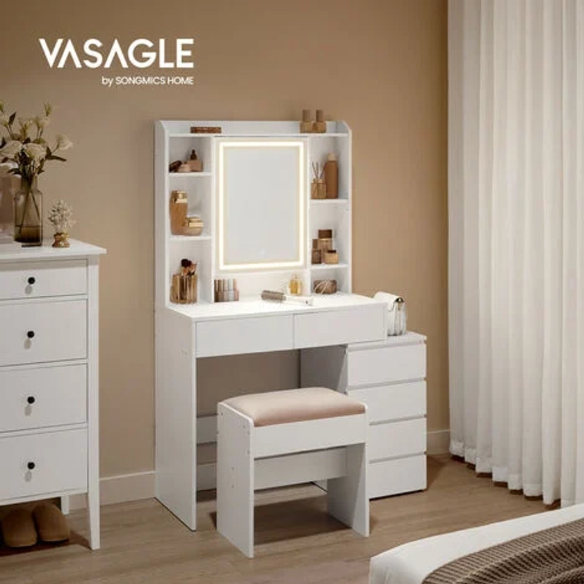 VASAGLE Coiffeuse, Grand Miroir LED à Luminosité Réglable, Table de Maquillage avec Miroir, Compartiments Ouverts, Tabouret, Étagères Réglables, Moderne, Blanc Nuage