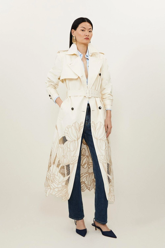 Tailored Cutwork Embroidered Belted Trench Coat | Karen Millen