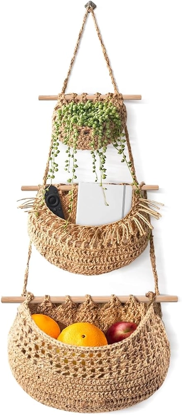 Hanging Fruit Basket, Handmade 3 Tier Woven Jute Wall Basket for Organizing,Hanging Produce Basket Fruit Vegetable Storage for Kitchen, Bedroom