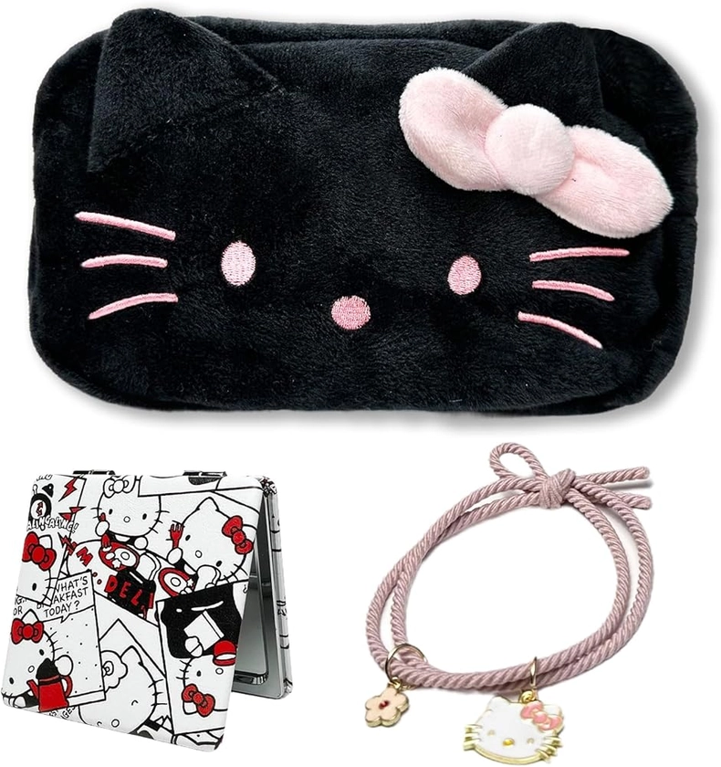 Black Kitty Travel Cosmetic Bag with Mirror and Hair Tie, Large Capacity Cartoon Cosmetic Pouch Makeup Bag with Zipper, Plush Travel Toiletry Bag Makeup Accessories Organizer, Makeup Pouch for Women