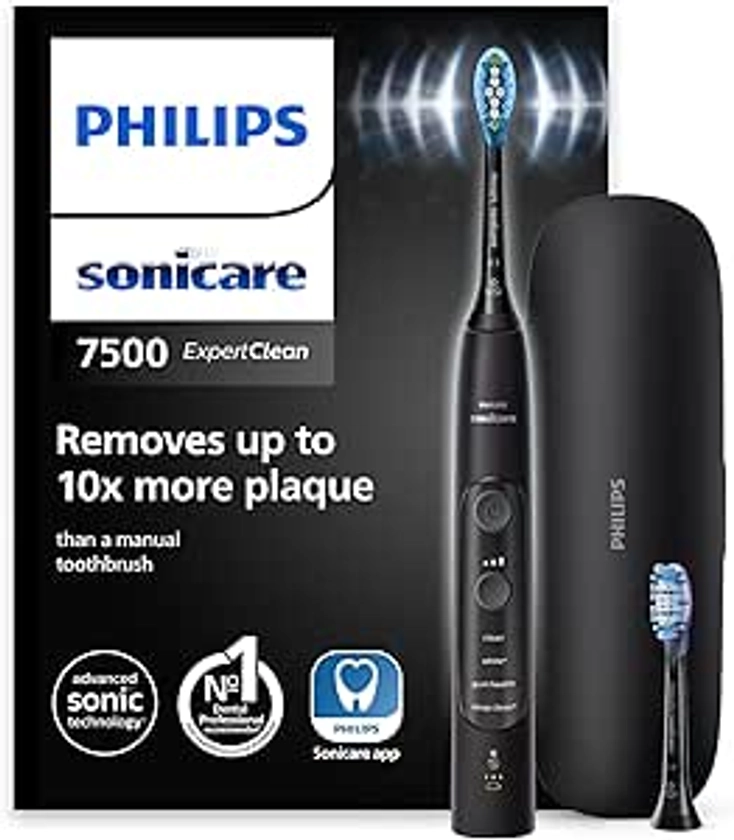 Philips Sonicare ExpertClean 7500 - Brosse à dents électrique avec application, 4 modes de brossage et 3 niveaux d'intensité, capteur de pression, noir, modèle HX9631/16