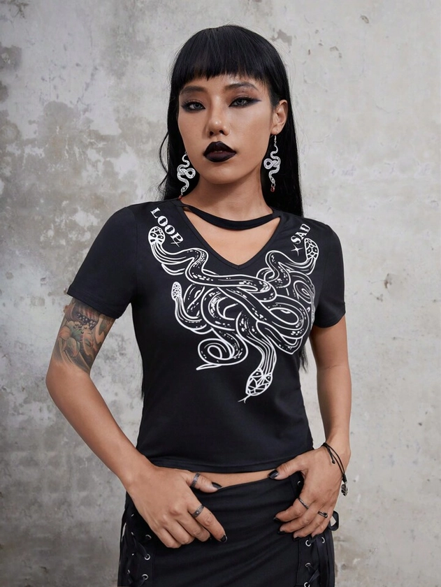 Goth Snake Print Cut Out Front Crop Tee