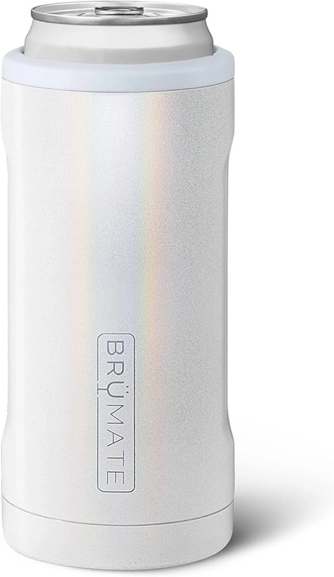 BrüMate Hopsulator Slim Can Cooler Insulated for 12oz Slim Cans | Skinny Can Insulated Stainless Steel Drink Holder for Hard Seltzer, Beer, Soda, and Energy Drinks (Glitter White)