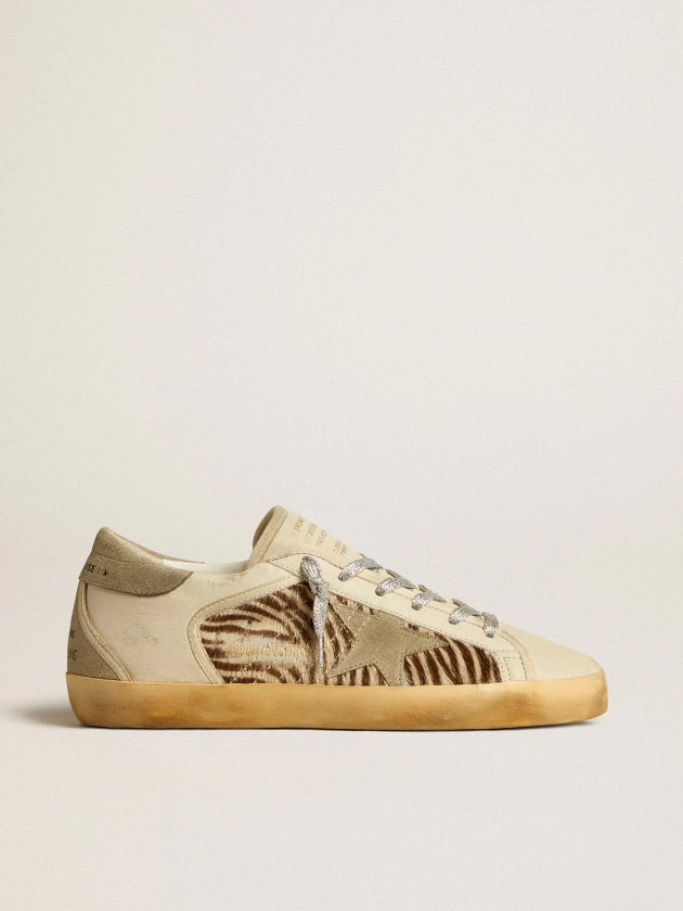 Women's Super-Star LTD in leather and pony skin with dove-gray suede star and heel tab | Golden Goose