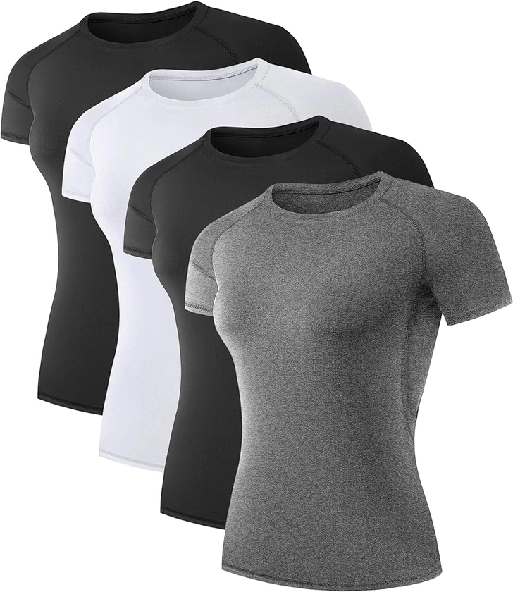 TELALEO 4 Pack Women's Compression Shirt Running Athletic T-Shirts Workout Tops Baselayer Short Sleeve Yoga Gym Sports Gear