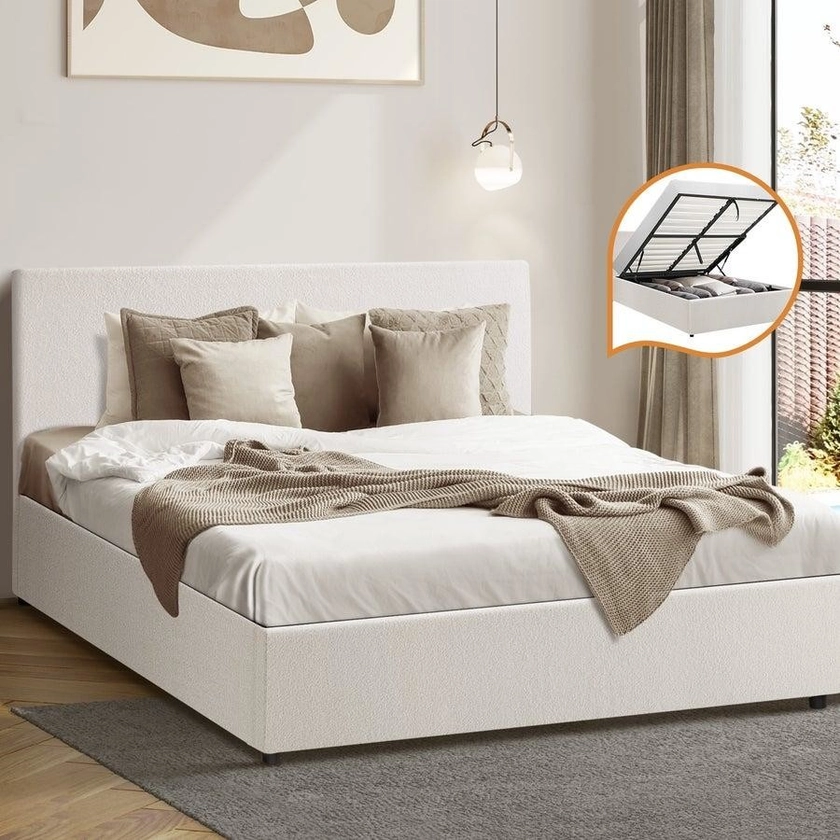 Oikiture Bed Frame Double Size Gas Lift Base With Storage White Boucle | BIG W