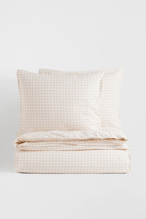 Patterned double/king duvet cover set - Light beige/Gingham checked - Home All | H&M GB