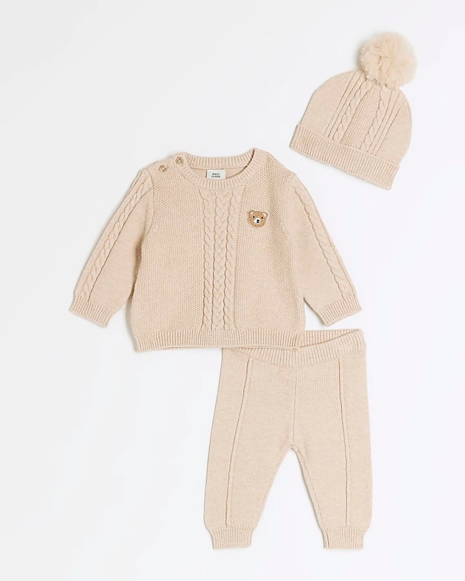 Baby beige cable knit jumper 3 piece set | River Island