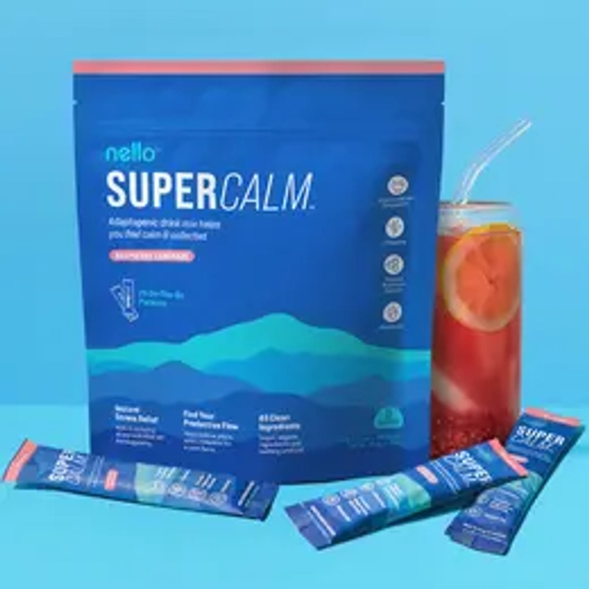 Nello Supercalm Powdered Drink Mix, Raspberry Lemonade, L Theanine, Ksm-66 Ashwagandha, Magnesium Glycinate, Vitamin D 3, Supplements for Relaxation & Focus, No Sugar, Non GMO, Vegan, On The Go