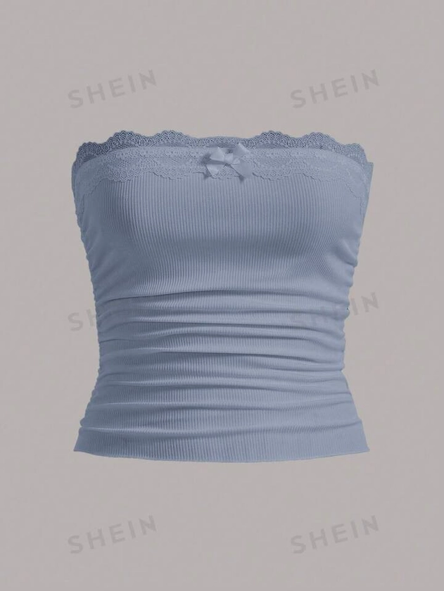 SHEIN EZwear Stretchy Knitted Lace Trim Bandeau Top | SHEIN USA