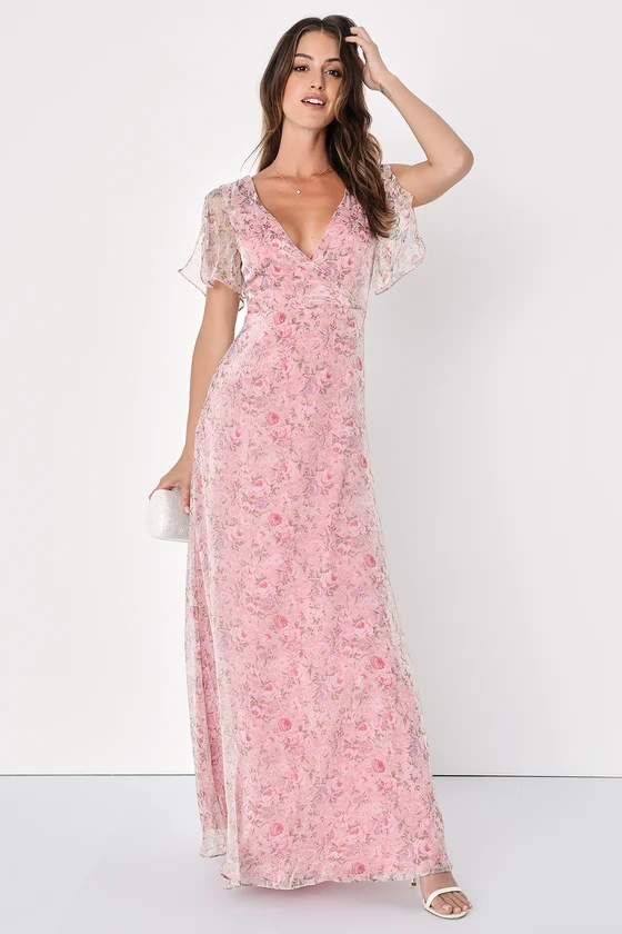 Dreamiest Desires Pink Floral Flutter Sleeve Organza Maxi Dress