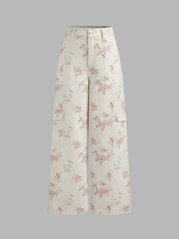 Woven Cotton 100% Cotton Mid Rise Floral Cargo Wide Leg Pants For School Daily Casual