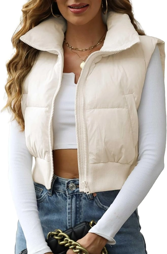 Songling Women's Winter Crop Vest Sleeveless Zip Up Stand Collar Lightweight Puffer Padded Vest