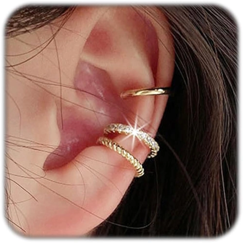 3 Pcs Ear Cuff Earrings For Women Non Piercing Gold Silver Clip On Cartilage Earrings CZ Hoops Ear Cartilage Small Minimalist Wrap Ear Clips Sets For Girls Jewelry Gifts
