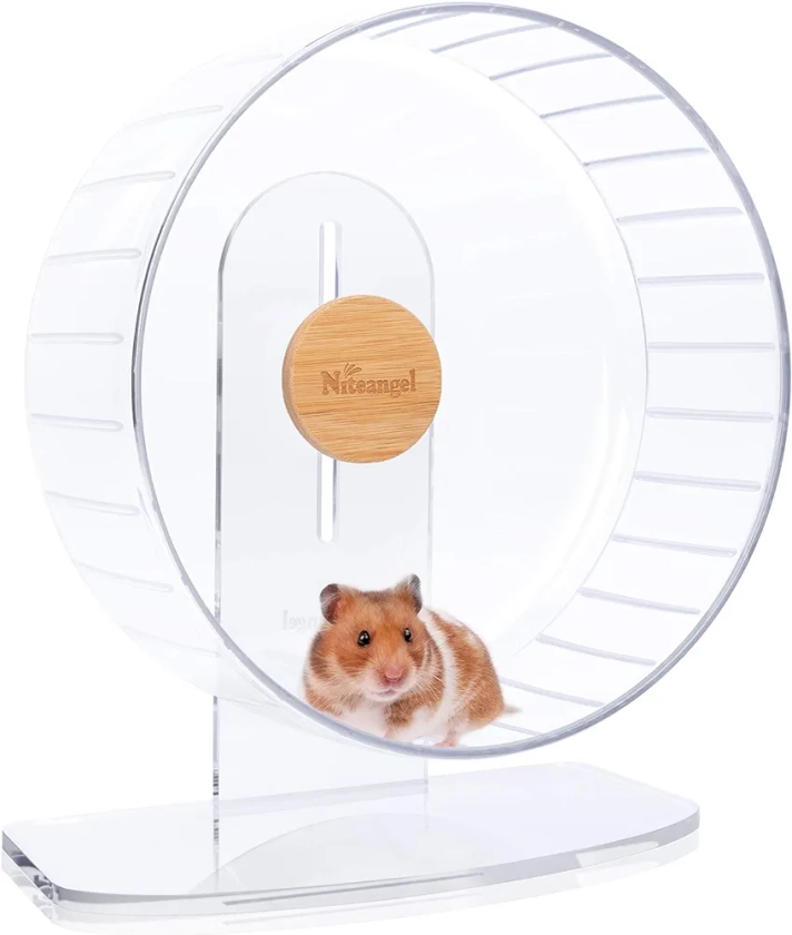 Niteangel Super Silent Hamster Exercise Wheels - Quiet Spinner Hamster Running Wheels with Adjustable Stand for Hedgehog Gerbils Mice Or Other Small Animals (Large, Transparent)