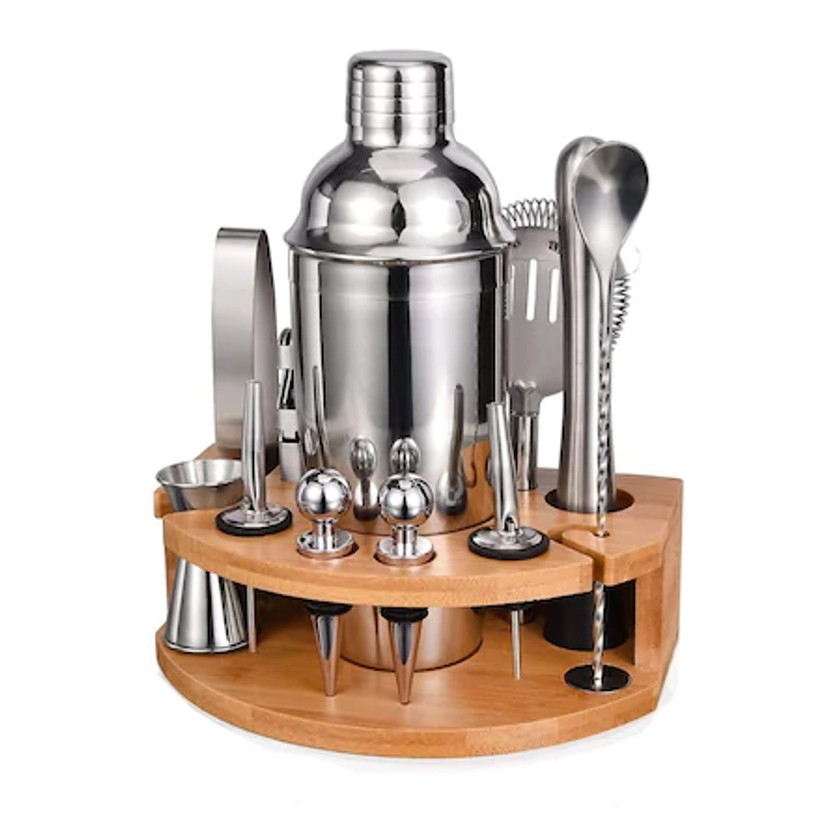 Set Cocktail Shaker Kit pentru barmani 750ml, Suport din bambus, 12 piese, DARO® - eMAG.ro