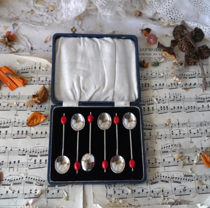 Vintage Coffee Spoons with Red Coffee Bean Decoration