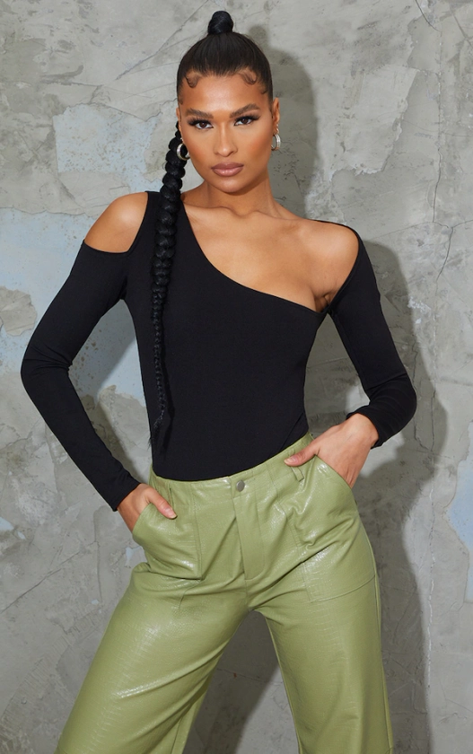 Black Slinky Asymmetric Neck Long Sleeve Bodysuit