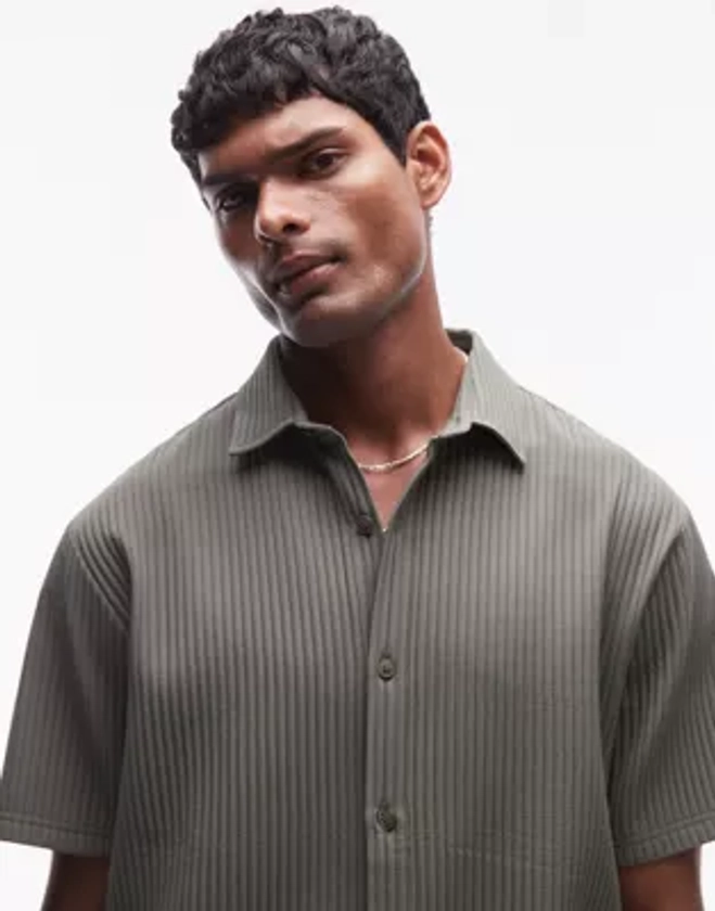 Topman short sleeve button through plisse shirt in khaki