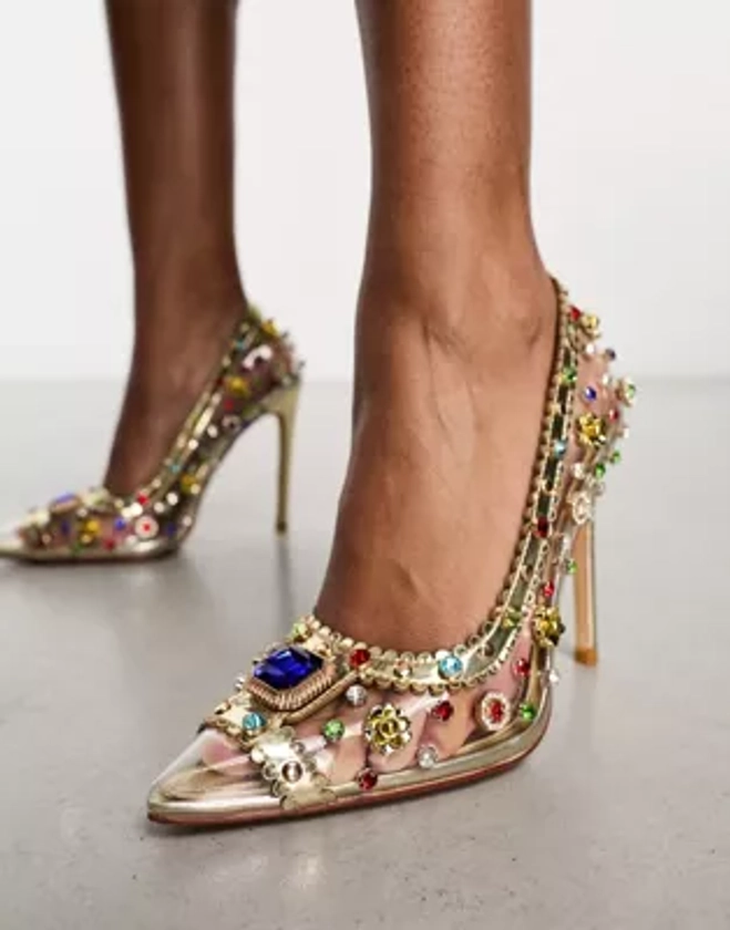 Azalea Wang Clematis embellished court shoe in gold | ASOS