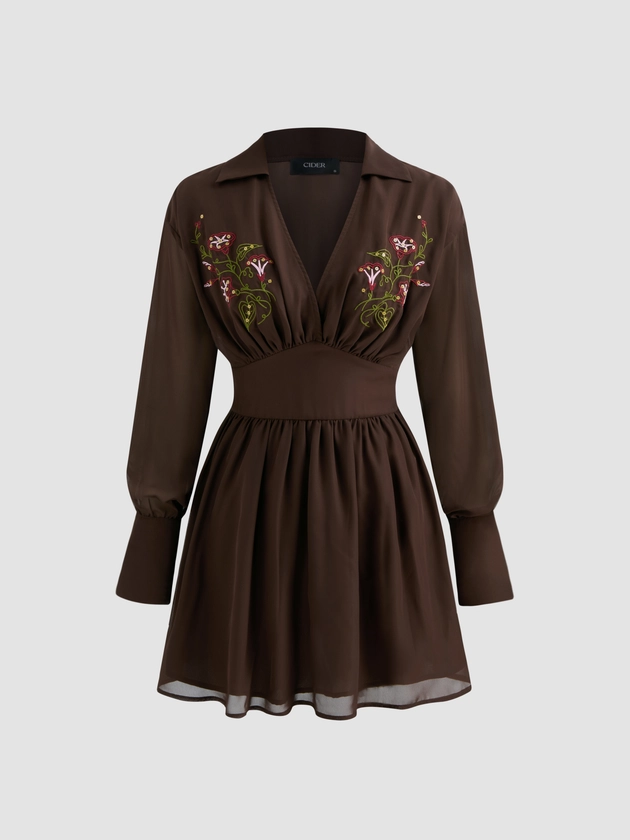 Collar V-neck Floral Embroidery Ruffle Mini Dress