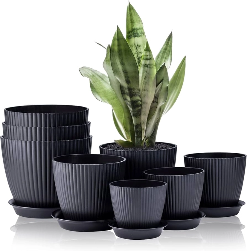 FORAGIFT 8 Pack Plant Pots Indoor, 19/17.5/16.5/16/14/13/11.5/10cm Stripe Grooves Plastic Flower Pots with Drainage Holes and Tray, Modern Decorative Planter Pot for All House Plants, Black