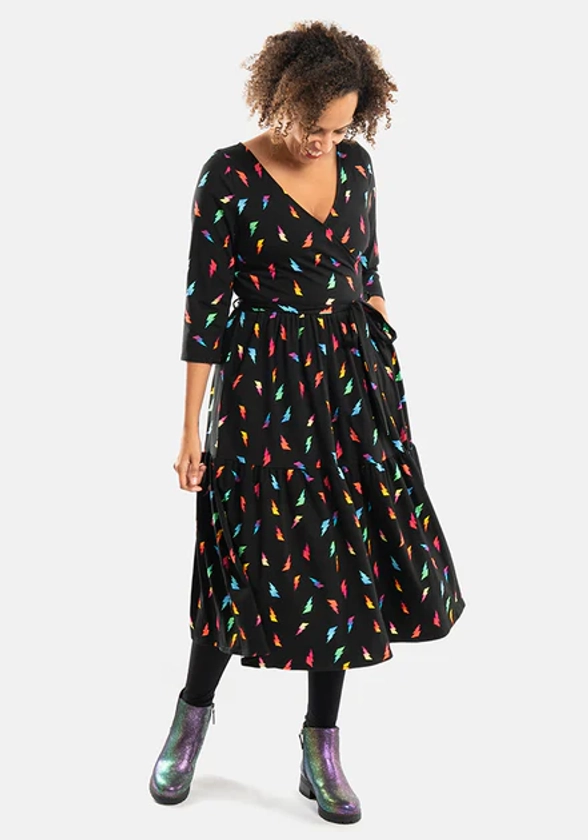 Ardin Lightning Bolt Print Tiered Hem Cotton Midi Dress