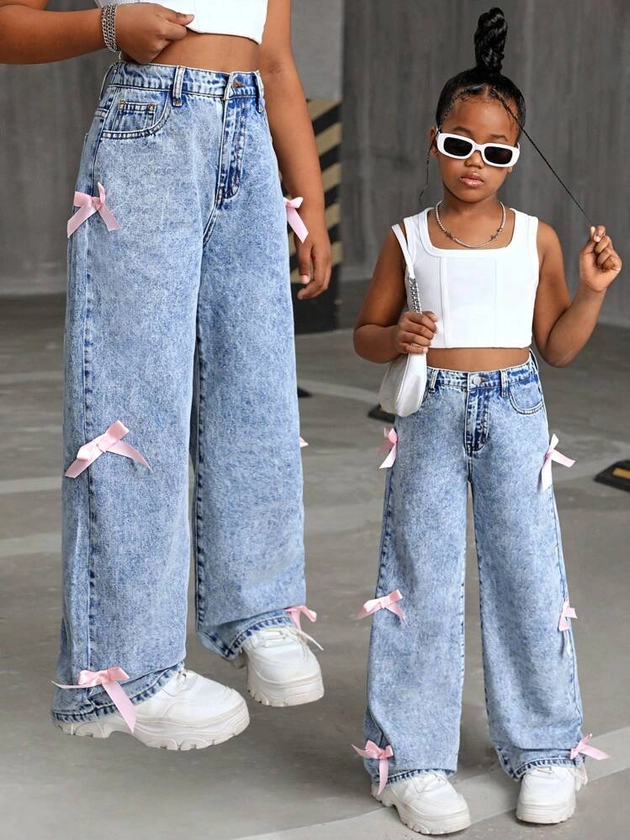 SHEIN Tween Girls Y2K Trending Stonewashed Baggy Denim Straight Leg Jeans Pants With Bowknot Decorated Pockets,Girls Fall Clothes Back To School Outfits