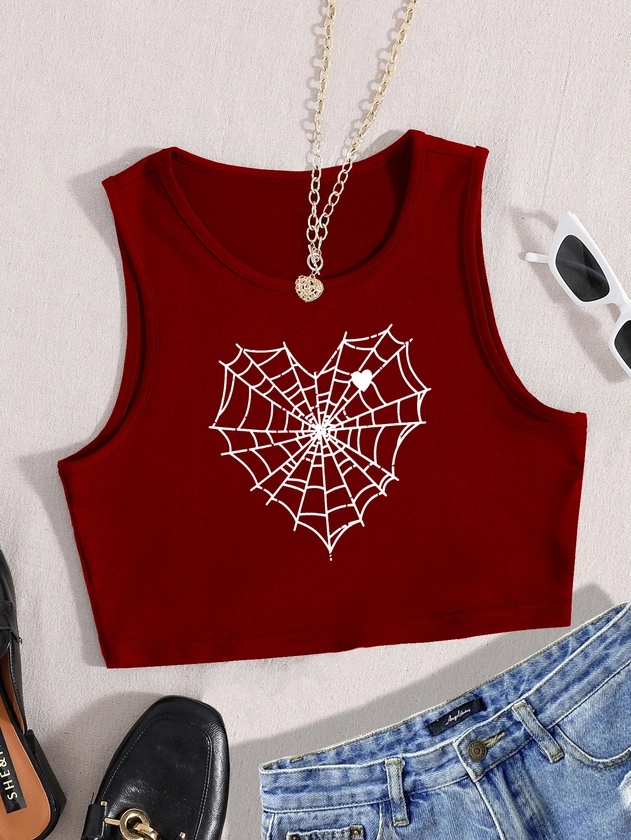 Heart And Spider Web Print Crop Tank Top