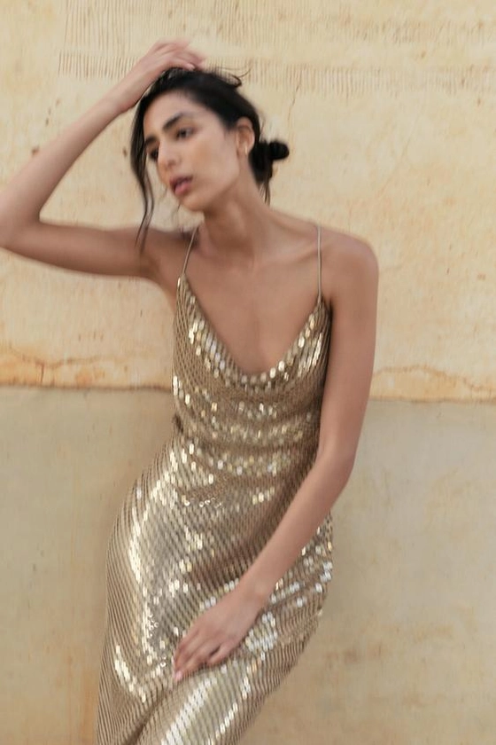 SLIP MIDI DRESS WITH GOLDEN MESH