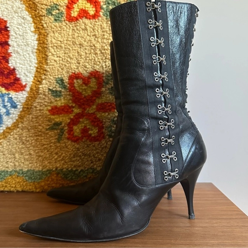 Dolce & Gabbana Black Leather Hook & Eye Vintage Y2K Boots 10.5