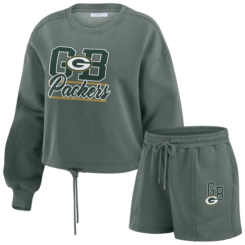 Women's Green Bay Packers WEAR by Erin Andrews Green Washed Fleece Long Sleeve T-Shirt & Shorts Lounge Set