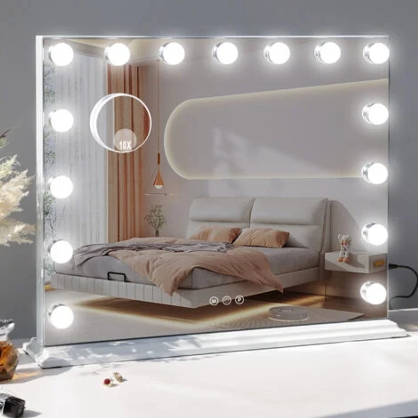 Miroir avec lampe peut ajuster 3 effets de lumière accroché au mur / Bureau double usage miroir de maquillage miroir de salle de bain grande taille blanc 58cm x 46cm blanc FENCHILIN