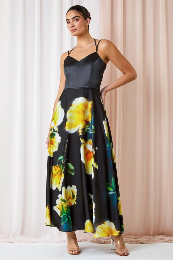 Black Luxe Floral Fit & Flare Maxi Dress | Roman UK