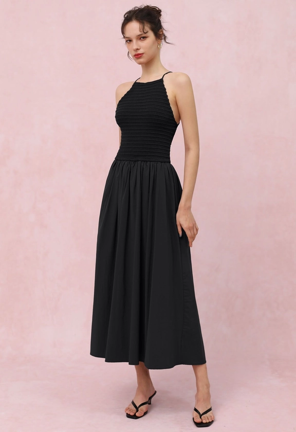 Lace-Up Back Knit Spliced Dress in Black