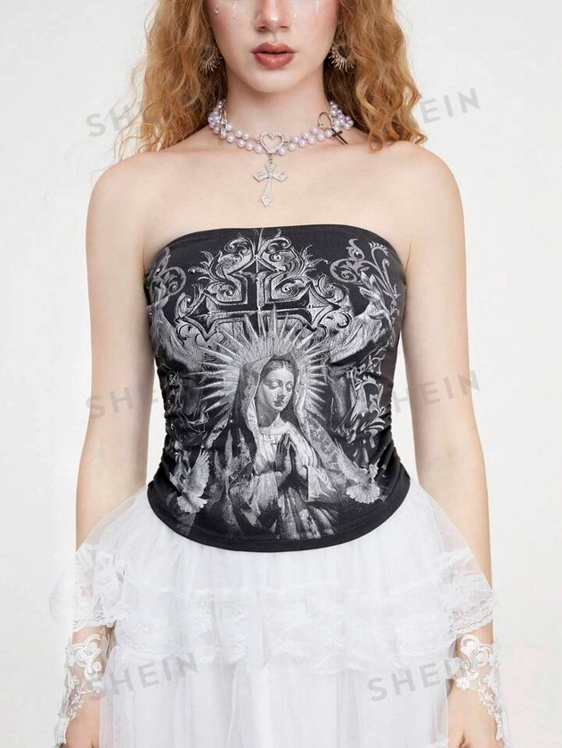ROMWE Goth Camiseta Sin Tirantes De Artesanía De Diamantes De Imitación Con Cruz Y Virgen María Para Mujer