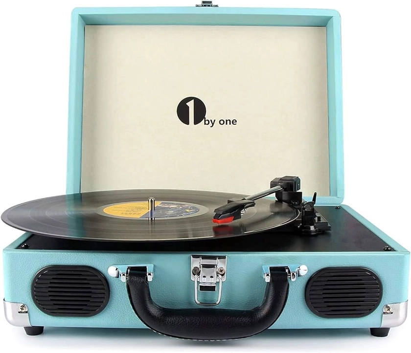 1 BY ONE Bluetooth Record Player Belt-Drive 3-Speed Portable Vinyl Turntable with Built in Speakers, Supports RCA Output, Headphone Jack, MP3, Mobile Phones Music Playback, Turquoise