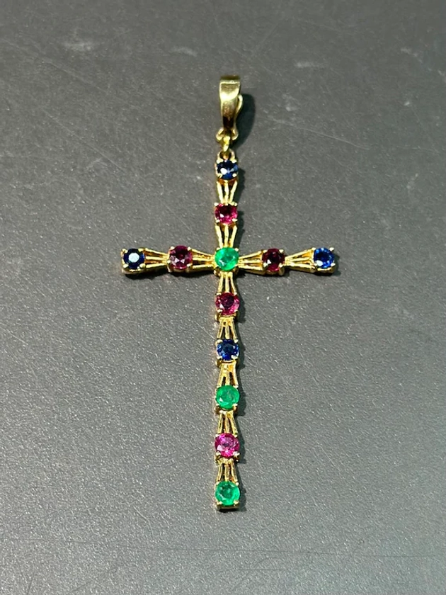 14K Gold Sapphire Ruby Emerald Cross Pendant