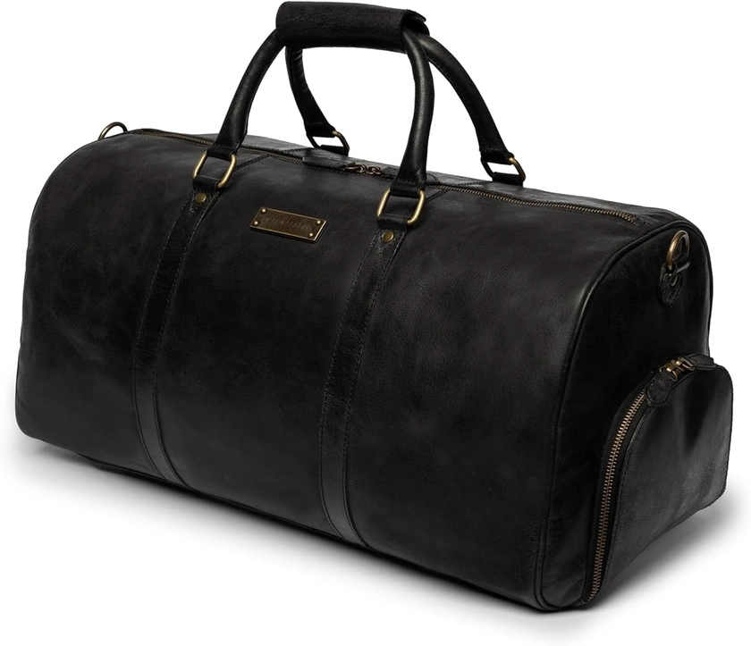 DRAKENSBERG Weekender 'Finn' - Sac de Voyage en Cuir avec Compartiment à Chaussures, Sac de Week-End et de Sport, Bagages à Main, Femme, Homme, Fait Main Durable, 40L, Noir, DR00360