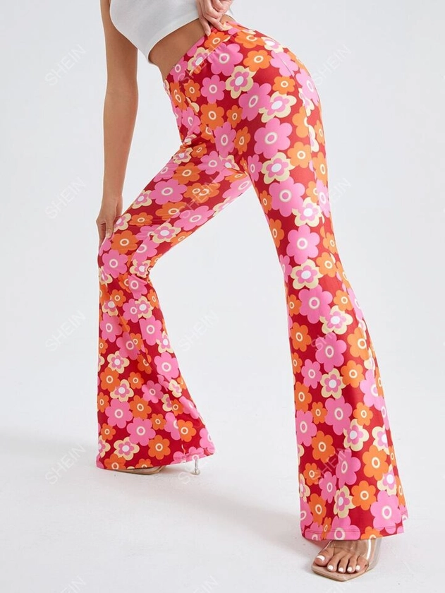SHEIN ICON Allover Floral Print Flare Leggings Pants