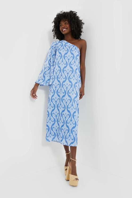 One Shoulder Blue Geometric Luna Dress | Hyacinth House