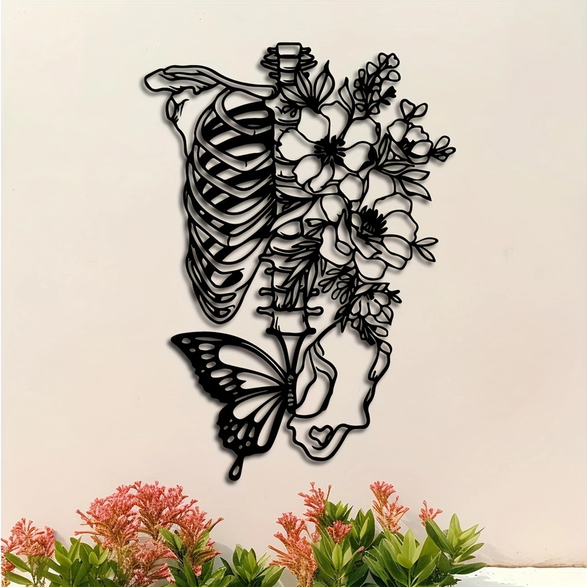 Iron Skeleton Wall Art Decor with Floral Butterfly Design, Unique Lovers Metal Wall Hanging, Minimalist Housewarming Gift, Bedroom Accent Decor